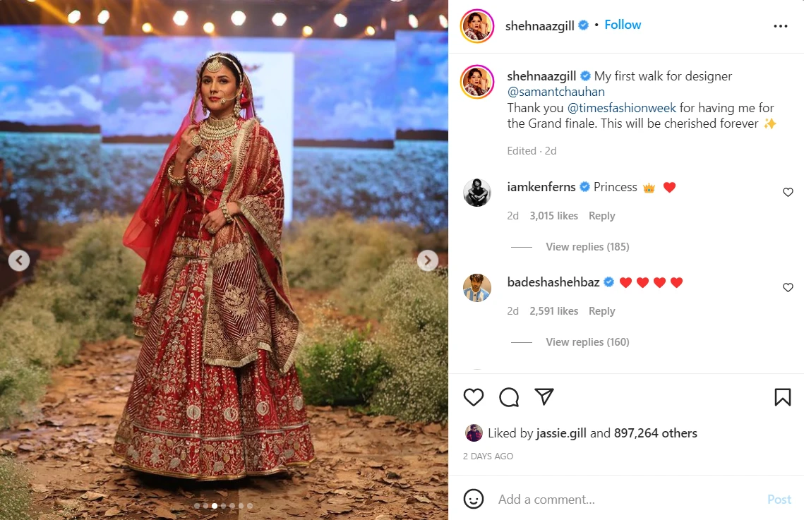 Shehnaaz Gill debuts her ramp walk in Red bridal lehenga and shy smile