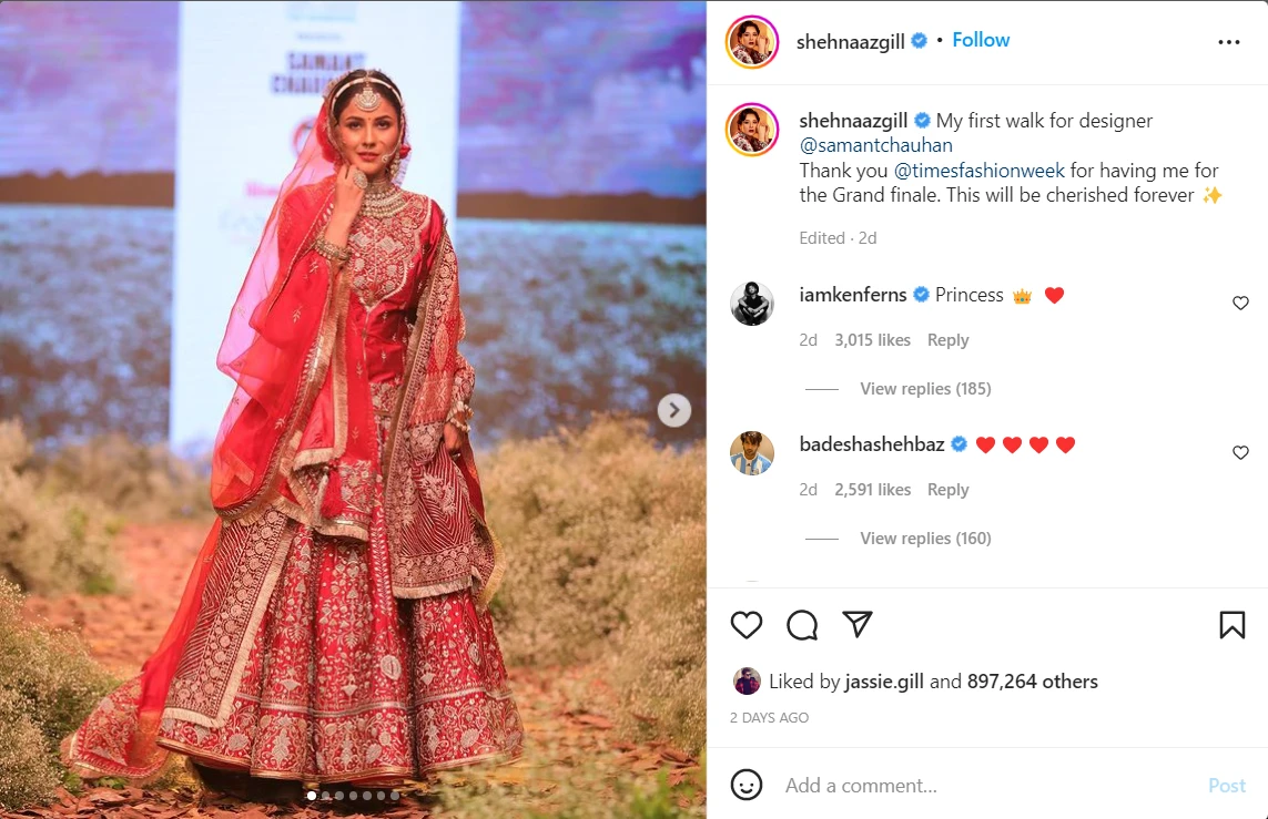 Shehnaaz Gill debuts her ramp walk in Red bridal lehenga and shy smile