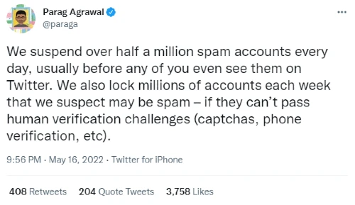 We suspend over half a million spam accounts every day: Parag Agrawal